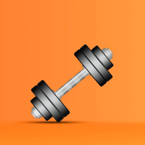 橙色背景上的哑铃。的影子。副本的空间。文本。运动器材、健身房、健身。体育图片下载