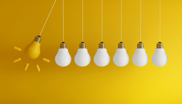 黄色背景上的六盏白灯和一盏黄灯的3D渲染-新想法的概念图片下载
