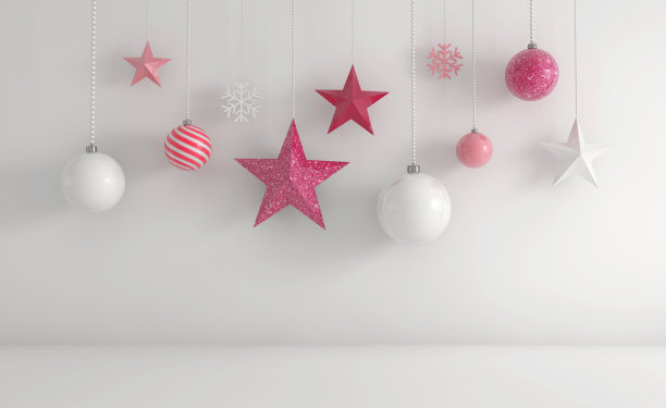 白色和粉色圣诞装饰品挂在白色背景的3D渲染图片下载