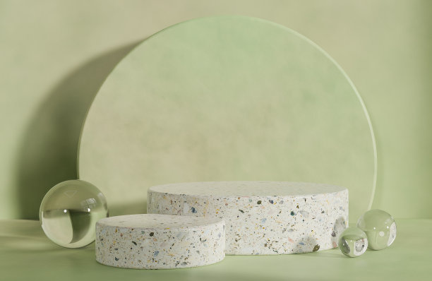 模型两个水磨石讲台的产品演示讲台与晨光。，3d模型和插图。图片下载