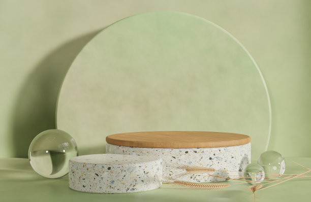 模型两个水磨石和木讲台的产品演示讲台与晨光。，3d模型和插图。图片下载