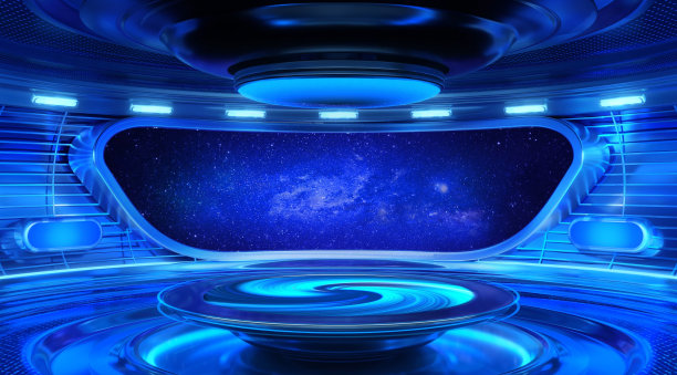 未来主义的飞船内部，从窗户可以看到太空和星星。宇宙飞船星际旅行。科幻小说中的幻想飞船或空间站。科学背景的小说。3 d渲染图图片下载