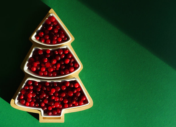 成熟的红蔓越莓放在圣诞树形状的盘子里，背景是绿色的。新年菜肴的概念，圣诞假期和装饰图片下载