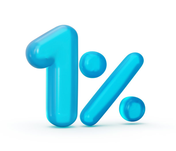 数字1%和1%的标志是由果冻制成的，隔离在白色背景上。三维演示图片下载