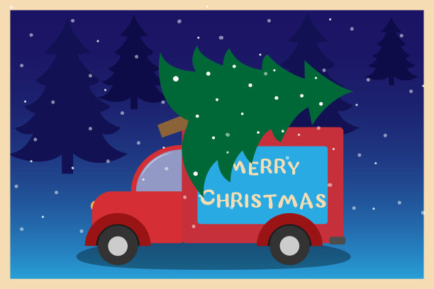 圣诞插画，一辆红色的小货车和一棵圣诞树在后面。图片下载