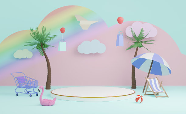 白色圆筒舞台讲台与沙滩椅，充气火烈鸟，棕榈叶，购物车，纸袋，云，网上购物夏季销售概念，3d插图或3d渲染图片下载