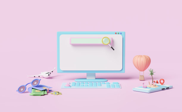 电脑显示器空白搜索栏，手掌，沙滩椅，充气火烈鸟，云，世界，伞，手掌，飞机孤立的粉红色背景。网页搜索引擎暑期旅游度假概念，3d渲染图片下载