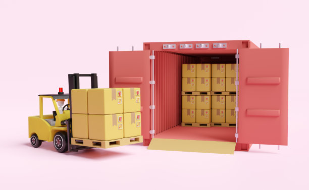 木棍人与集装箱进出口，叉车，货物纸箱，托盘隔离在粉红色背景，物流服务概念，3d插图或3d渲染图片下载
