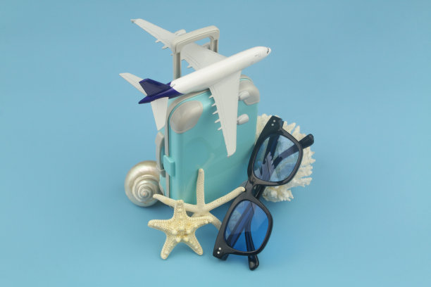 飞机模型行李箱和太阳镜与海星和珊瑚在蓝色背景。图片下载