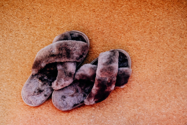 松软的家庭妇女拖鞋在软木背景图片下载