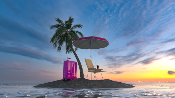 旅行。娱乐的概念。海洋中央的热带岛屿，有棕榈树，躺椅和旅行箱。三维渲染图片下载