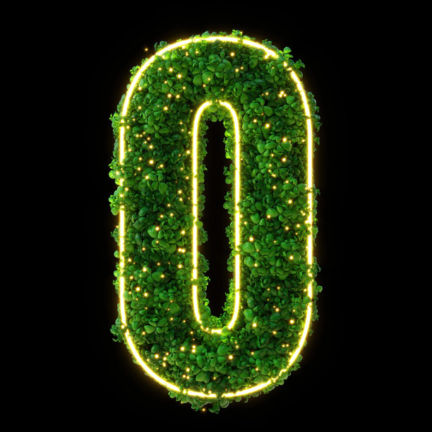 数字0,字母表。绿色植物霓虹灯发光数字与修剪路径隔离。3d插图。树叶，草，苔藓，罗勒，薄荷。图片下载