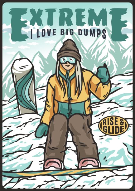 在雪山上玩滑雪板。冬季极限运动。一张关于单板滑雪的垂直海报图片下载