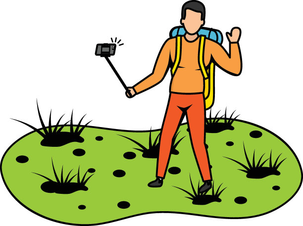 旅游博主在高峰矢量彩色图标设计，户外周末活动符号，旅游度假场景标志，快乐的人在度假股票插图，年轻的徒步旅行者用相机自拍概念图片下载