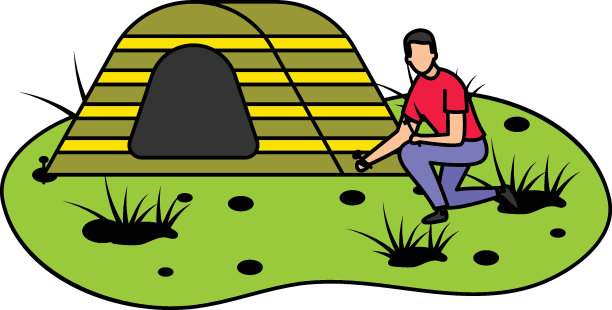 帐篷或小屋安装矢量颜色图标设计，户外周末活动符号，旅游假期场景标志，快乐的人在假期股票插图，男子设置营地概念图片下载