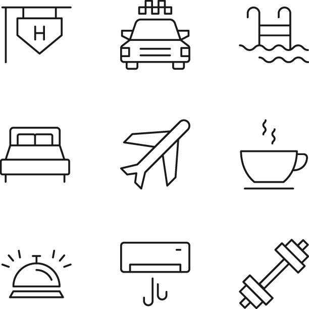 一套现代轮廓符号的互联网商店，商店，横幅，广告。矢量孤立线图标的酒店，出租车，游泳池，床，飞机，杯子，碗与时钟图片下载