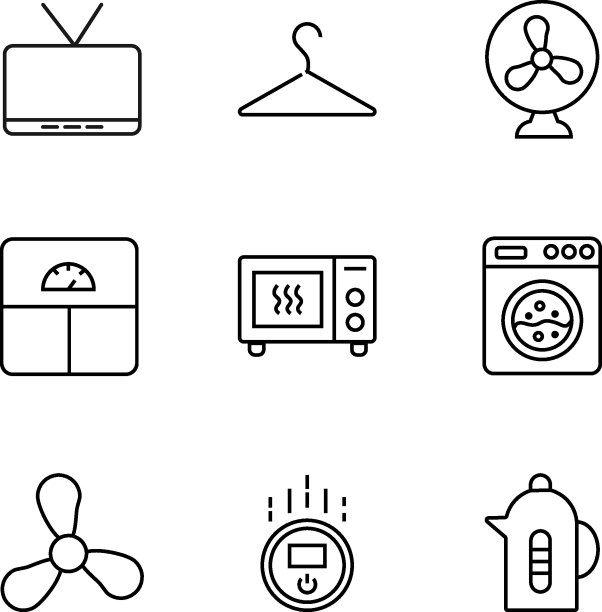 一套现代轮廓符号的互联网商店，商店，横幅，广告。矢量孤立线图标的电视，衣架，风扇，天平，微波炉，洗衣机图片下载