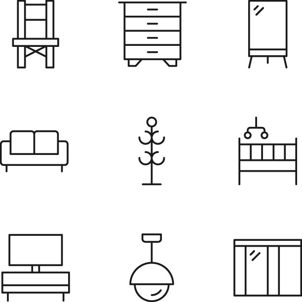 一套现代轮廓符号的互联网商店，商店，横幅，广告。矢量孤立线图标的椅子，衣柜，镜子，沙发，婴儿床，灯和窗户图片下载