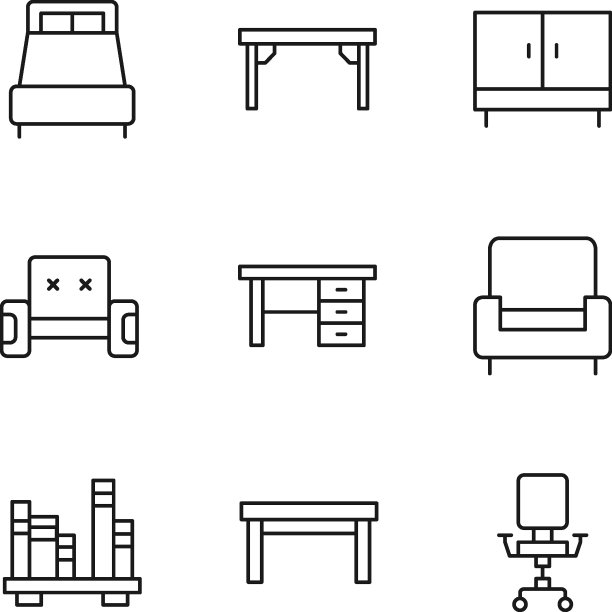 一套现代轮廓符号的互联网商店，商店，横幅，广告。矢量孤立的线图标的床，办公桌，衣柜，椅子，桌子，书架图片下载