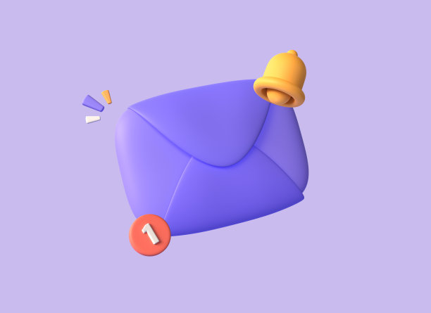 3d图标的邮件信封和卡通风格的铃铛。接收通知的概念，邮寄。为市场营销设计横幅装饰。三维渲染图片下载