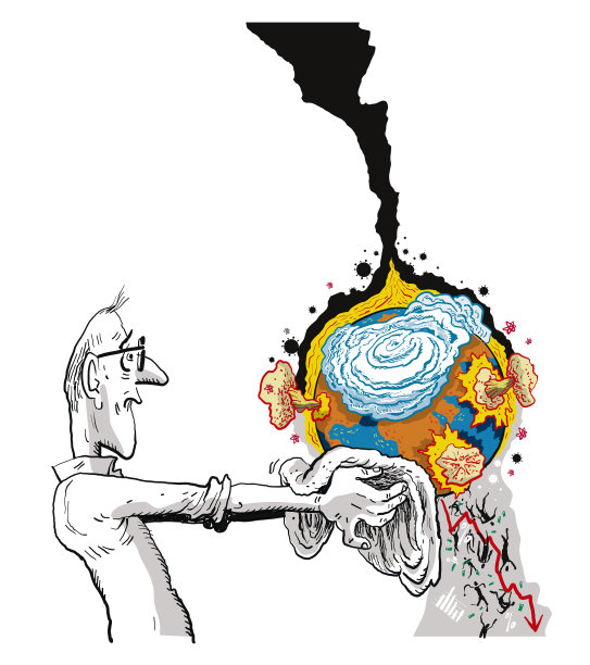 男人抱着燃烧的地球图片下载