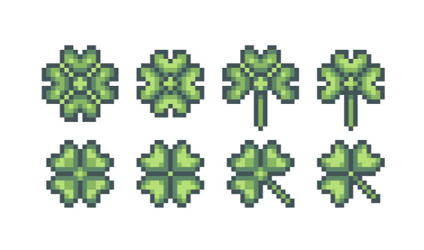 三叶草叶子像素艺术集。幸运符号三叶草集合。三叶草的幸运花。8点雪碧。图片下载