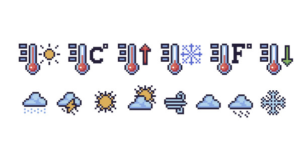 天气图标像素艺术集。天气情况，预报收集。图片下载