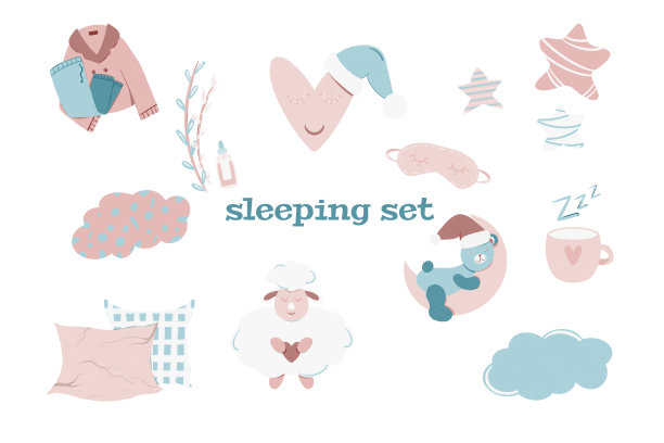 一套更好的睡眠项目。睡衣，枕头，面膜。放松,睡眠概念图片下载