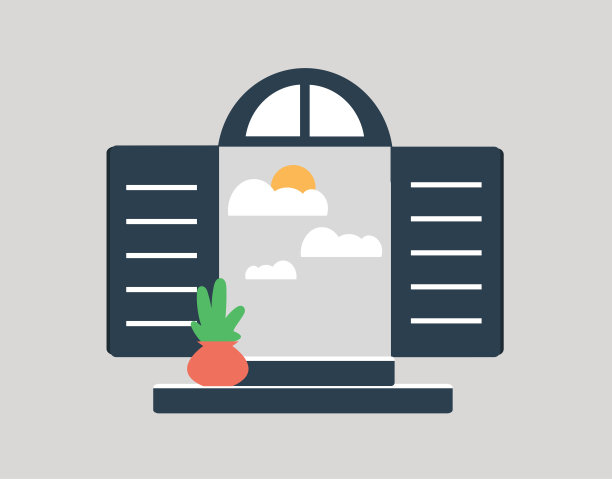 在一个晴朗的日子里，外面有云和蓝天，窗户打开的插图。正能量、乐观、希望、和平理念。图片下载