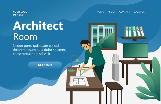 一个建筑师在他的办公室工作的插图适合登陆页，传单，信息图表，和其他图形相关的资产向量图片下载