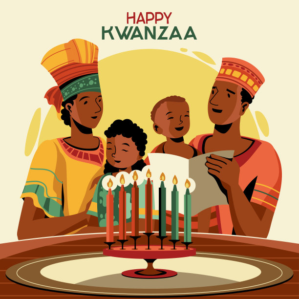 宽扎节节日的概念与装饰七支蜡烛和家庭聚会图片下载