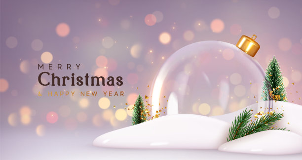 圣诞装饰品玻璃球在雪之间的绿色冷杉树。夜金光闪闪，灯火四散。寒假背景与现实的3d设计。透明的空圣诞球。矢量图图片下载