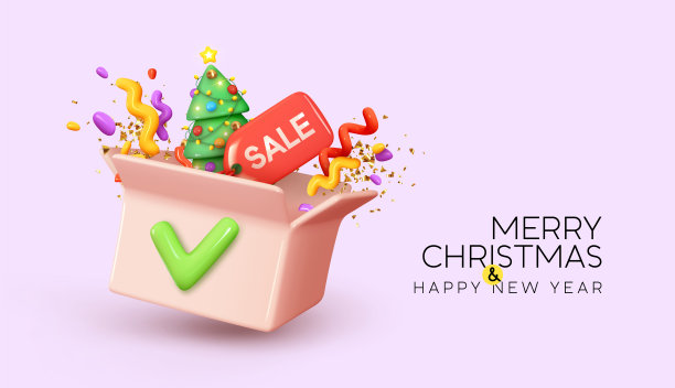 打开装有惊喜和金色彩纸的盒子。出售粉色纸板箱。圣诞节和新年背景。明亮的圣诞假期组成。逼真的3d卡通风格设计。矢量图图片下载