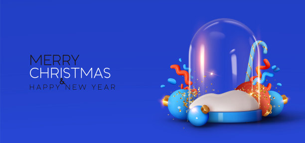圣诞快乐，新年快乐。圣诞冬雪玻璃球，透明圆顶。逼真的3d设计圣诞拐杖糖，装饰小蓝球，空空如也的雪花。矢量图图片下载