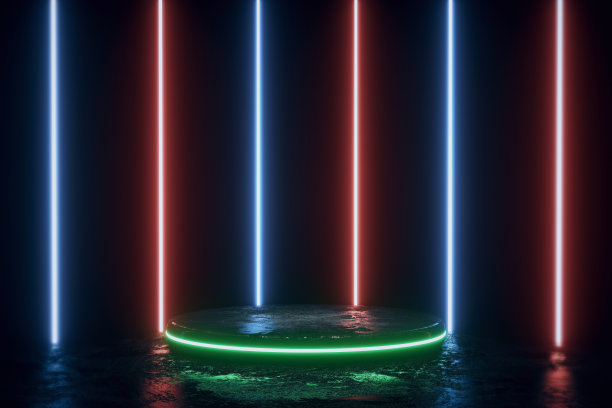 空的产品展台，讲台，平台在暗室与紫外线氖激光发光线库存照片图片下载
