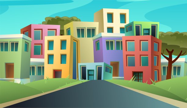 舒适的小镇。家庭和办公室。笔直的路穿过草地。卡通有趣的风格。平面设计。向量。图片下载