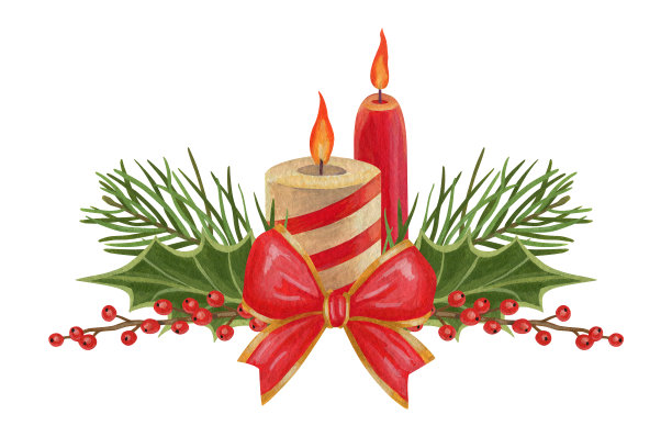 单独安排与圣诞装饰。蜡烛。弓。云杉分支。冬青。印花用于包装设计，织物。水彩水粉画插图。图片下载