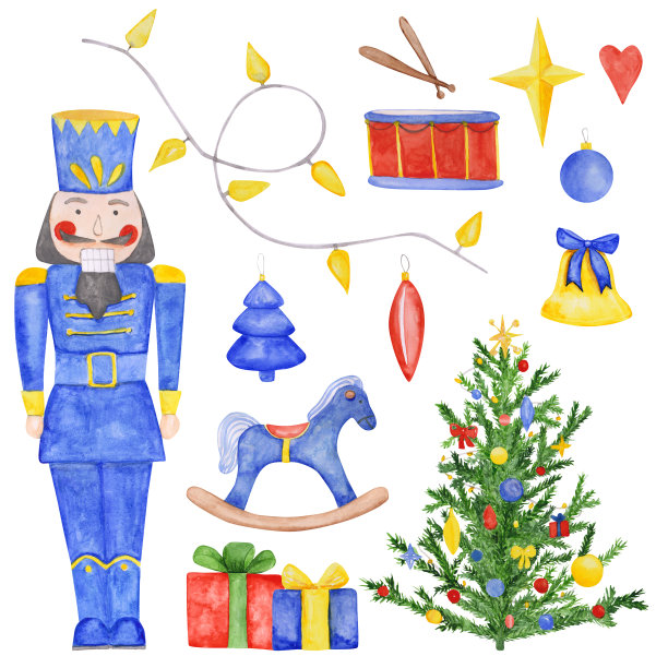 一套12胡桃夹子剪贴画是孤立的白色背景。胡桃夹子芭蕾舞中的水彩画人物、圣诞树、礼物、鼓、摇摆马、铃铛、星星、花环、装饰品图片下载