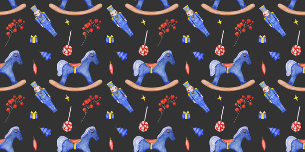 一个摇摆的马，糖果，冬青，胡桃夹子，礼品盒，圣诞树，和装饰无缝模式上的黑色背景。蓝色水彩婴儿摇摆马印花。幼儿园墙纸。图片下载