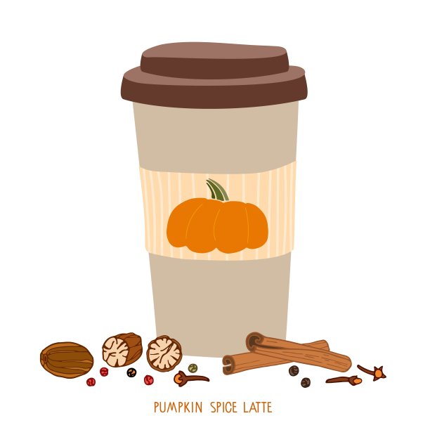 南瓜香料拿铁外卖杯盖，饮料的香料隔离在白色背景。秋天季节饮用。秋季插画与咖啡去马克杯菜单，农贸市场，素食食谱图片下载