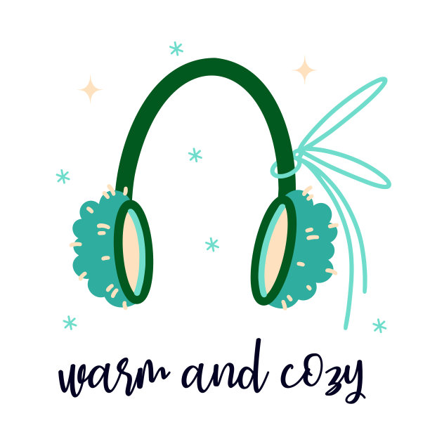 毛皮冬季耳罩矢量图标。毛绒绒的绿松石配饰与丝带系。温暖的季节的衣服。头饰孤立在白色。平的卡通耳机。鲜艳的剪纸卡片，海报，印刷品图片下载