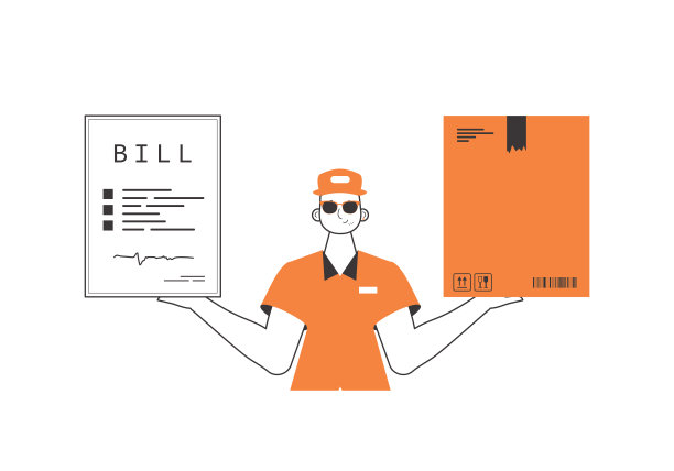 那人手里拿着一个包裹和一张支票。货物和包裹的递送概念。线性时尚风格。孤立的白色背景。矢量插图。图片下载