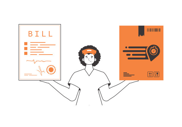 男孩手里拿着一个包裹和一张支票。交付的概念。线性时尚风格。孤立的白色背景。矢量插图。图片下载