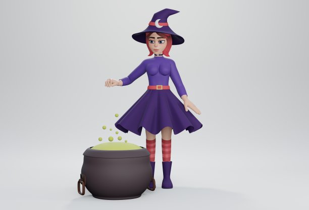 3 d渲染。女巫用大锅发出魔法咒语图片下载