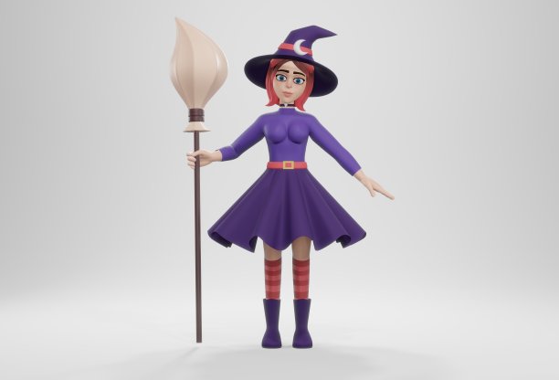 3 d渲染。拿着扫帚的可爱小女巫图片下载