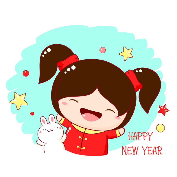 可爱的小女孩和兔子。新年快乐。方形节日卡片，礼物标签，卡片，徽章，贴纸与婴儿朋友-女孩和兔子图片下载