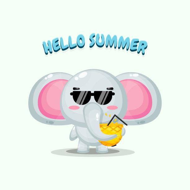 可爱的大象吉祥物带着菠萝汁和夏天的问候图片下载