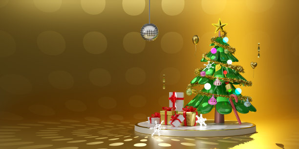 圣诞树与球迪斯科灯，雪花，饰品，礼盒在现代舞台展示的黄金组成，概念圣诞节和节日新年，3d插图或3d渲染图片下载