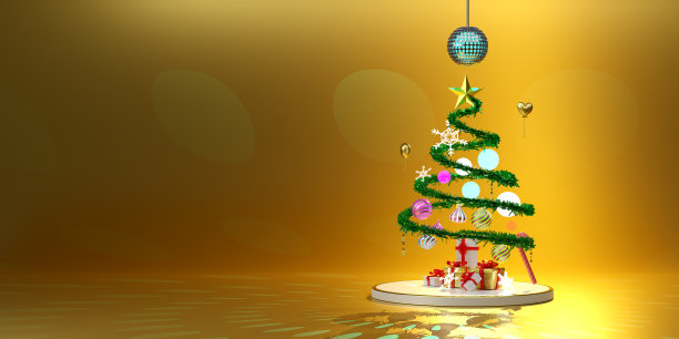 圣诞树与球迪斯科灯，雪花，饰品，礼盒在现代舞台展示的黄金组成，概念圣诞节和节日新年，3d插图或3d渲染图片下载