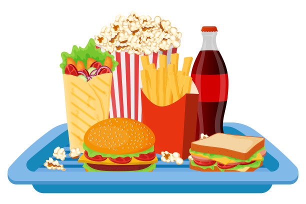 一个装着快餐的托盘。汉堡，炸鸡翅，三明治，炸薯条，爆米花和沙瓦玛。矢量插图。图片下载
